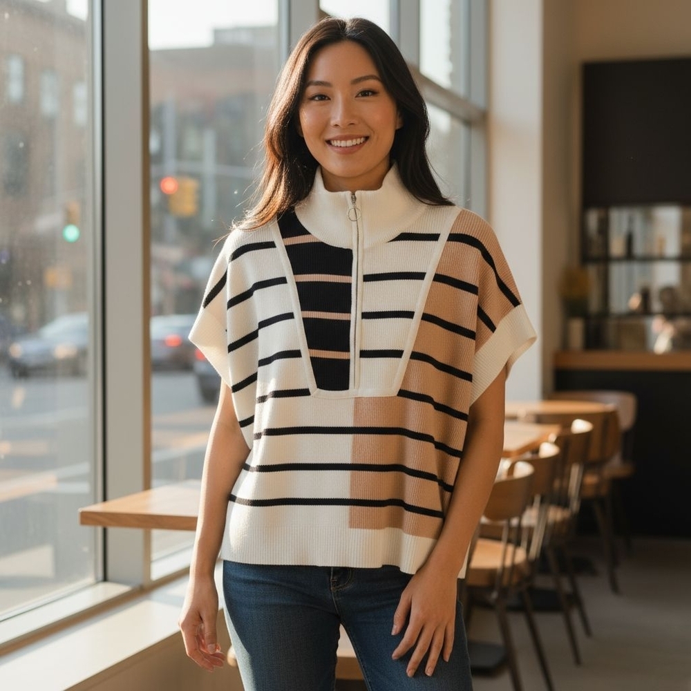 Colorblock Striped Zip Front Collar Sweater Vest 2XL EUC